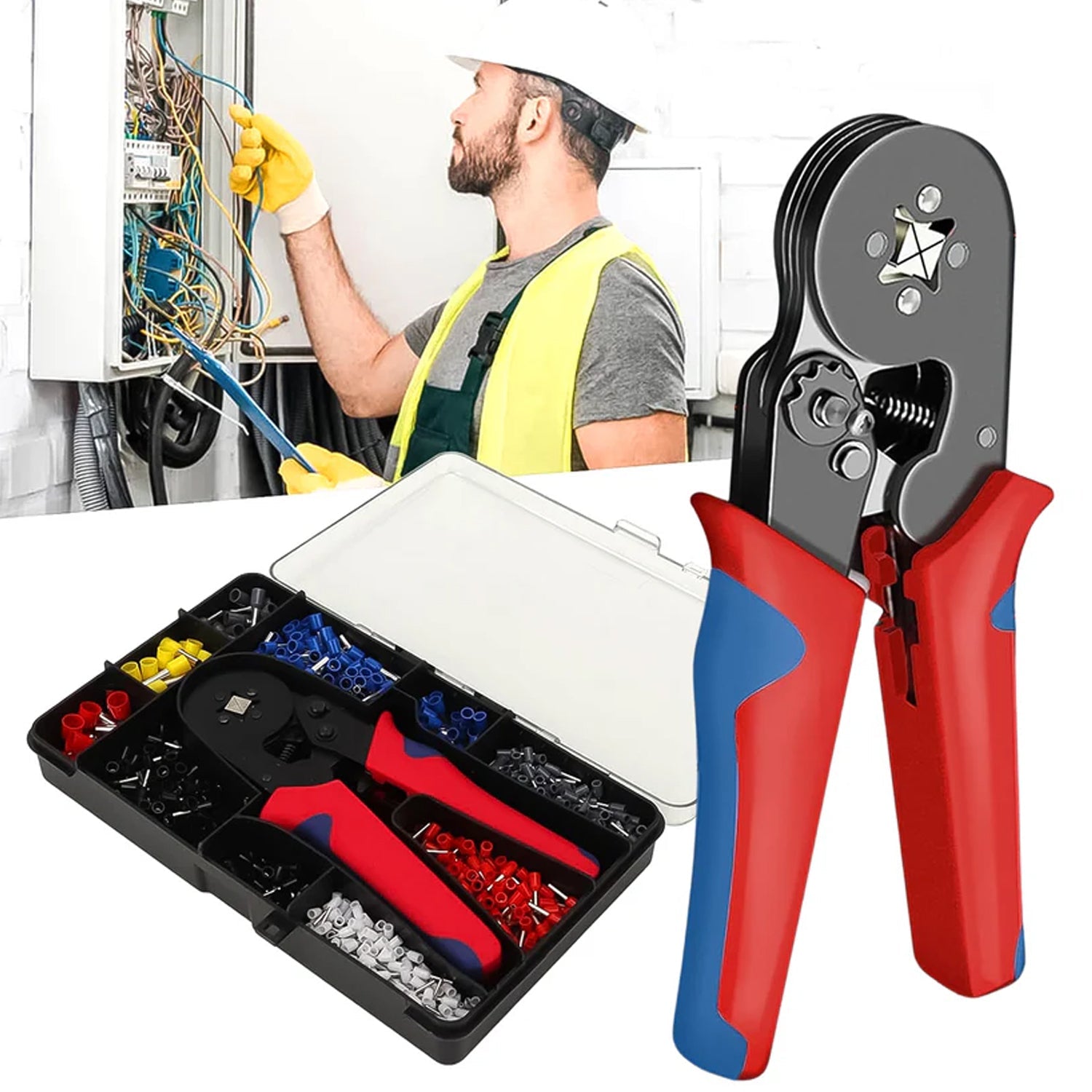 Open ferrule crimping tool kit displaying ratchet plier and color-coded ferrules