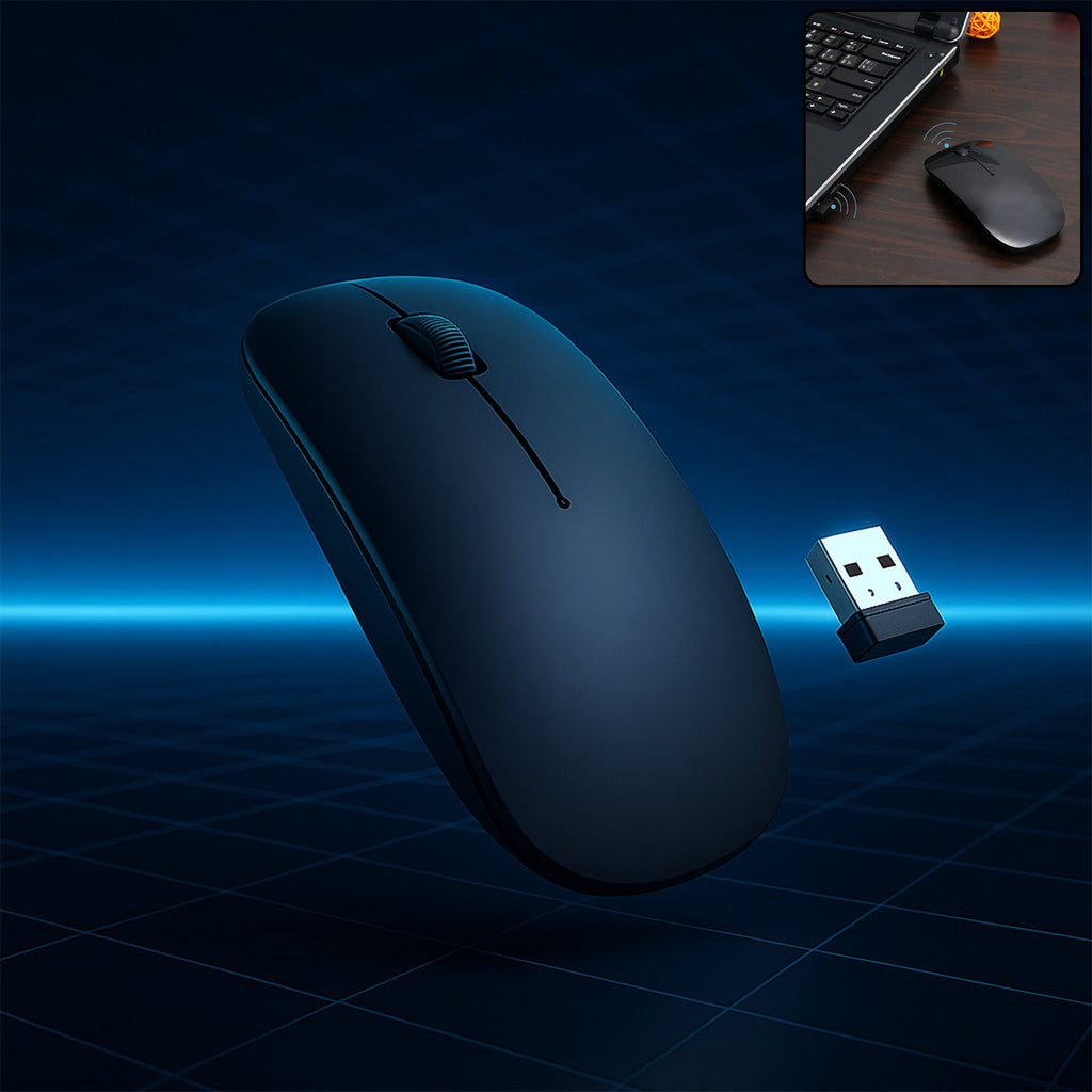 Slim black Wireless Mouse with a comfortable ergonomic design, ideal for daily computer use.