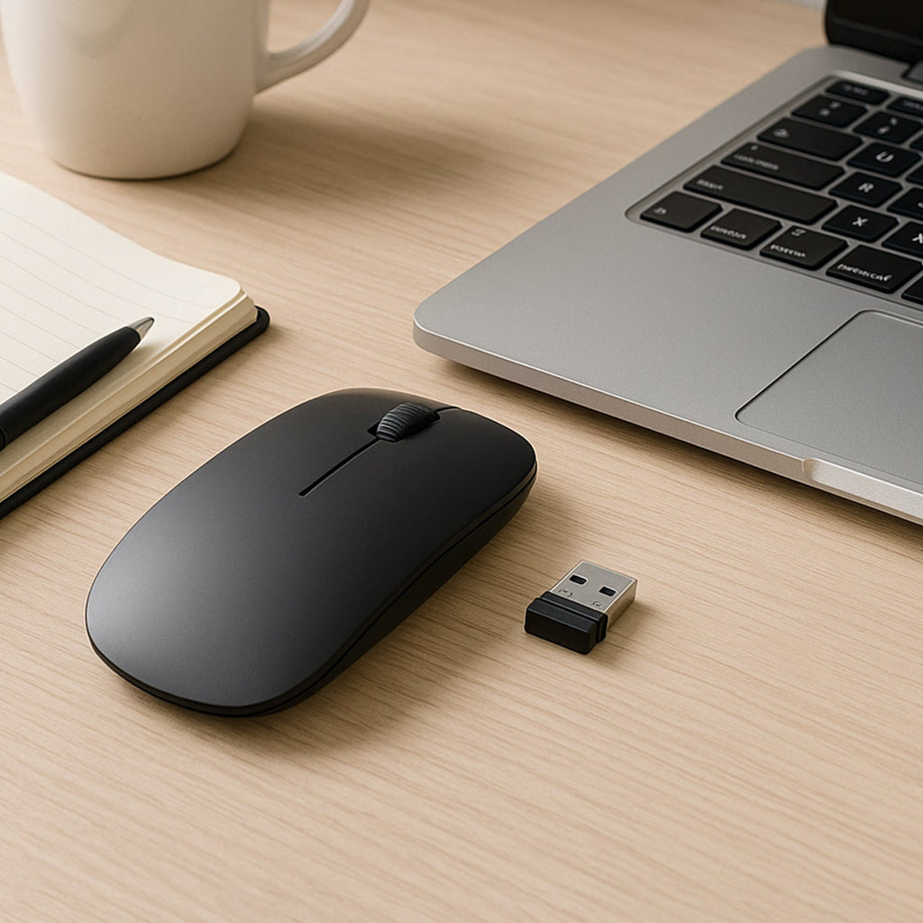 Close-up of the adjustable DPI button and scroll wheel on the Compshop Wireless Mouse.