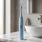 The battery operated electric toothbrush held in hand, demonstrating its ergonomic grip.