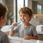 Close-up view of the electric toothbrush handle and power button for easy operation.