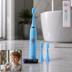 A white battery operated electric toothbrush standing upright with its brush head.