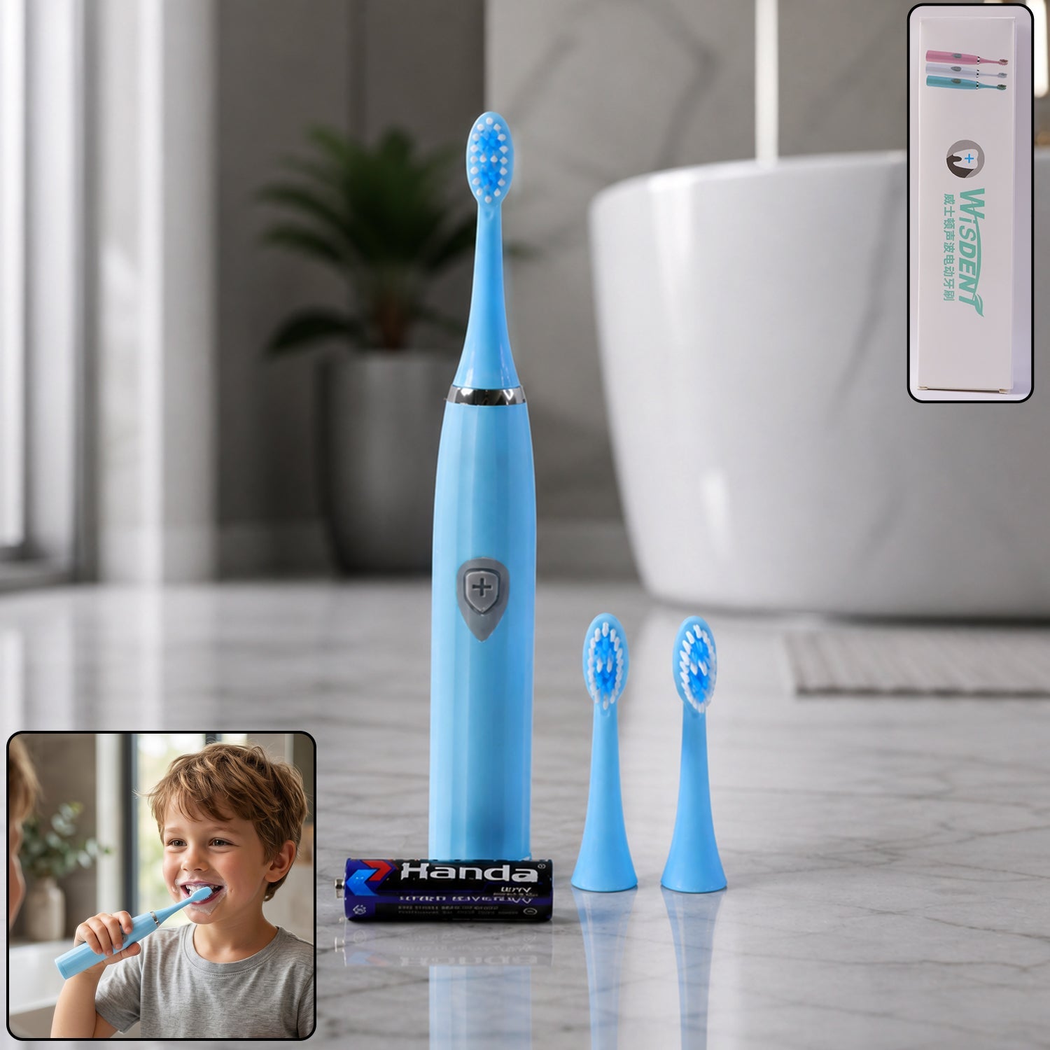 A white battery operated electric toothbrush standing upright with its brush head.