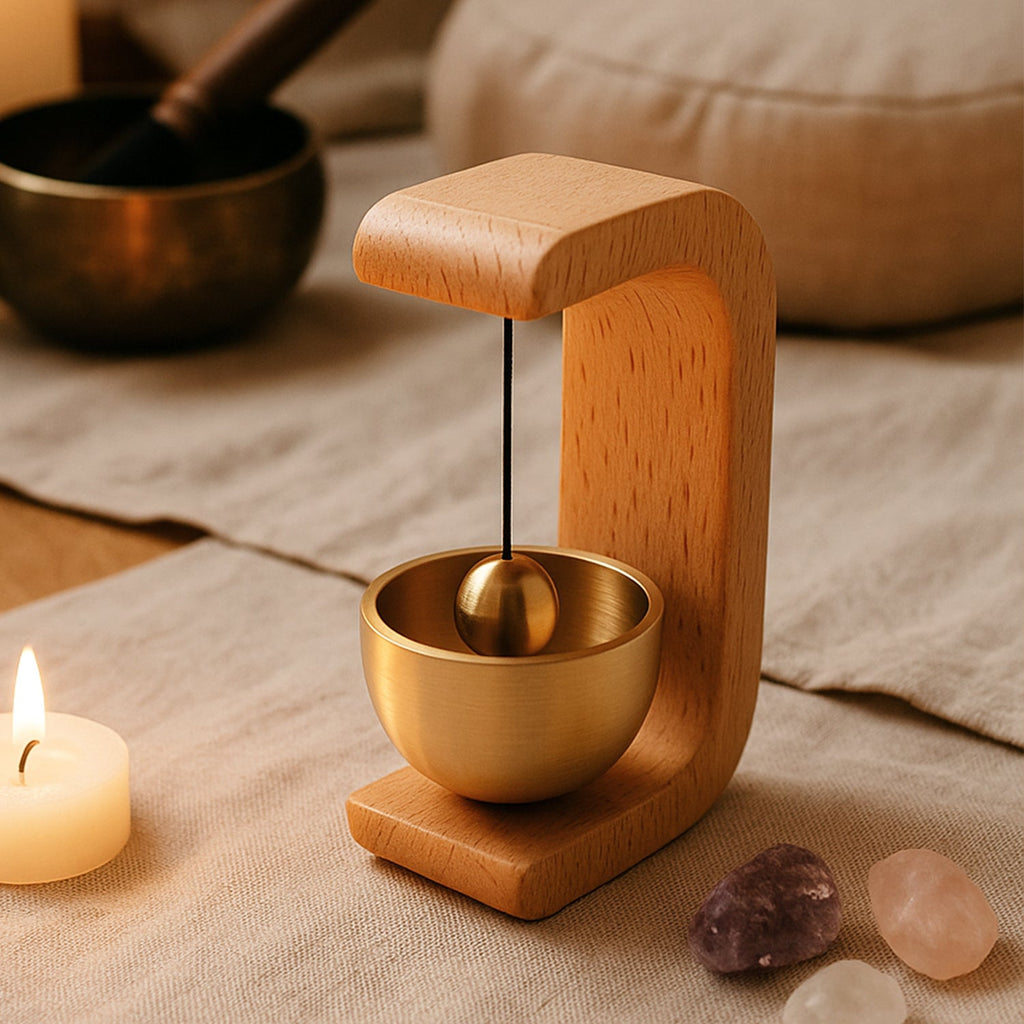 Premium Japanese style Zen meditation bell with wooden stand on desktop