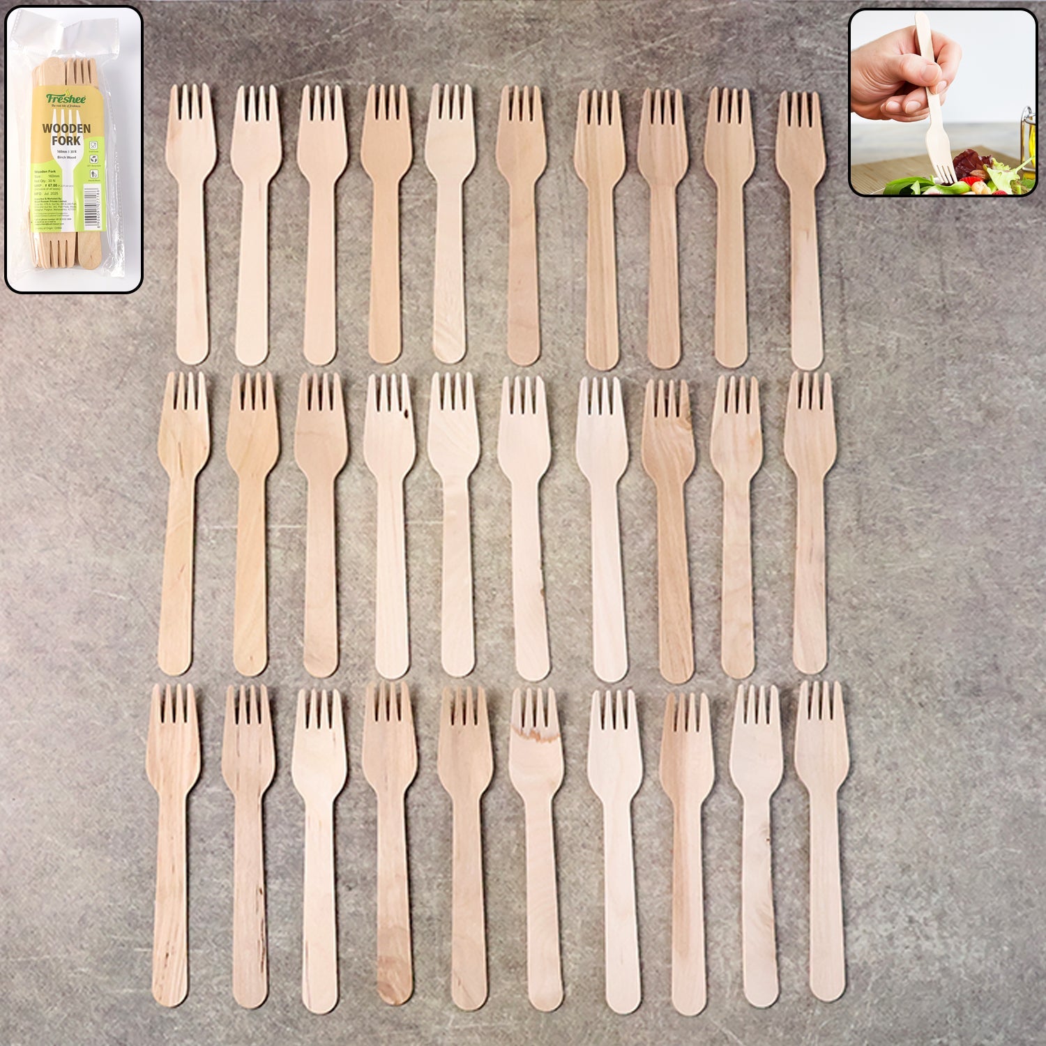 Top view of Freshee 160mm disposable birchwood wooden fork