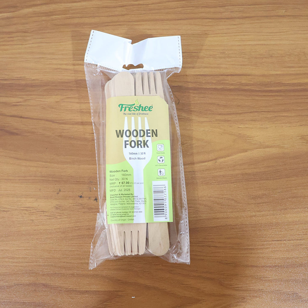 Side view of Freshee 160mm wooden fork showing thickness and smooth finish