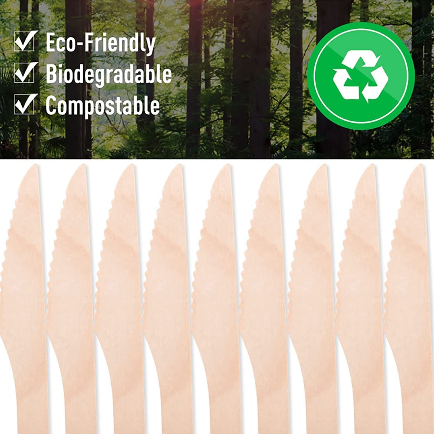Close-up of wooden knife pack featuring eco-friendly biodegradable cutlery