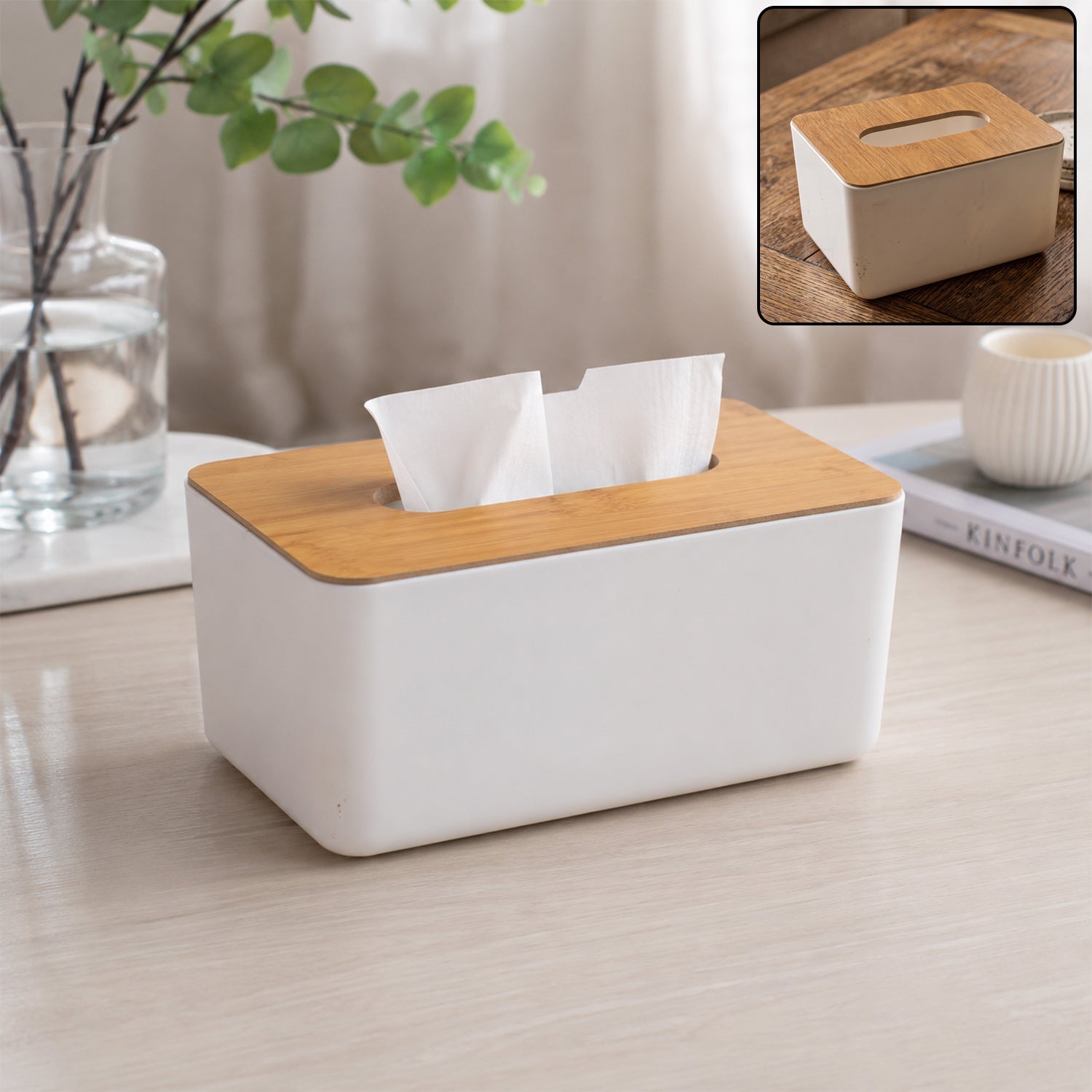 Stylish bamboo tissue box holder displayed on a clean white surface.