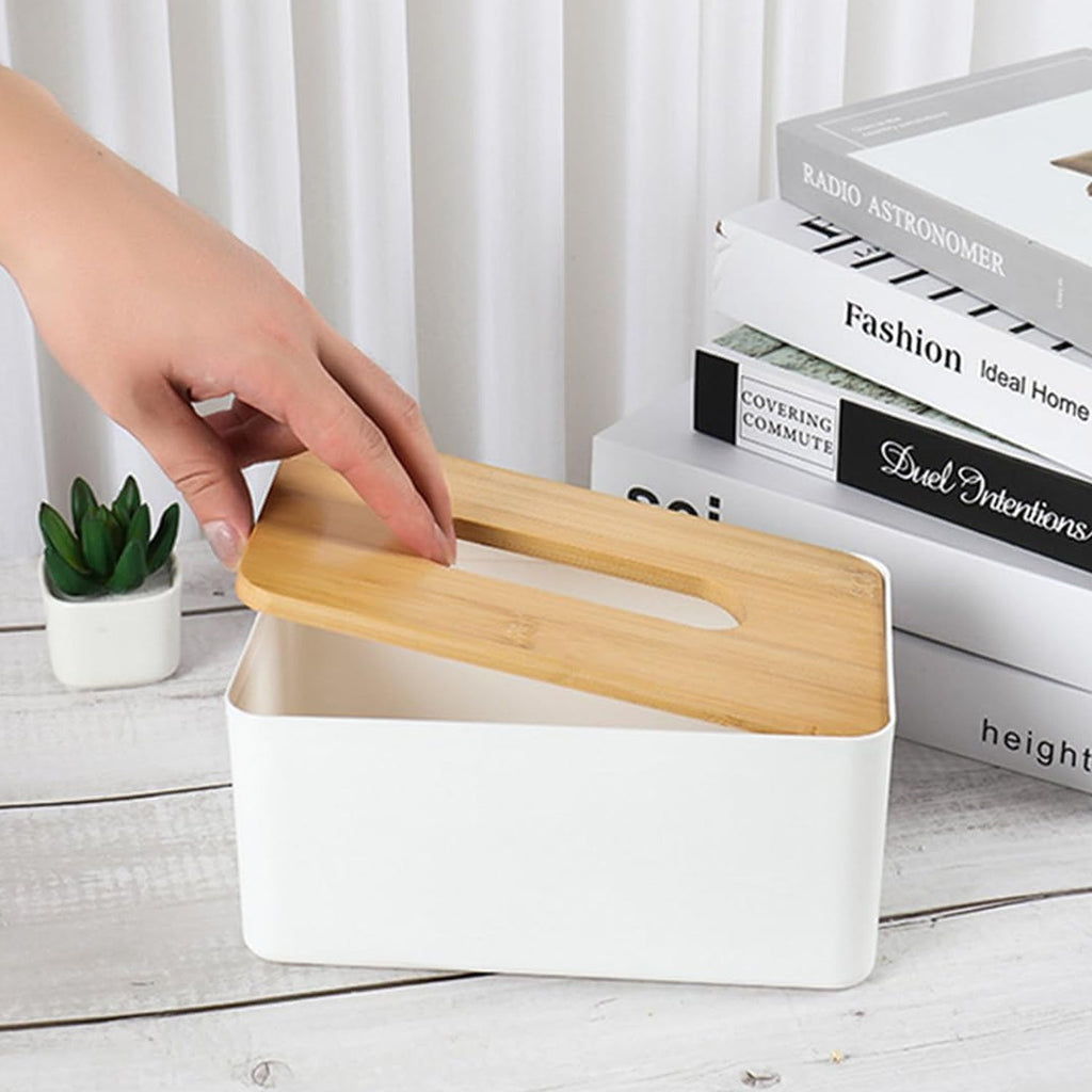 Bamboo tissue box holder viewed from a slight angle, showcasing its design.