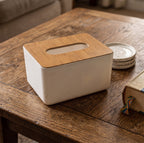 Top-down view of the eco-friendly bamboo tissue dispenser.