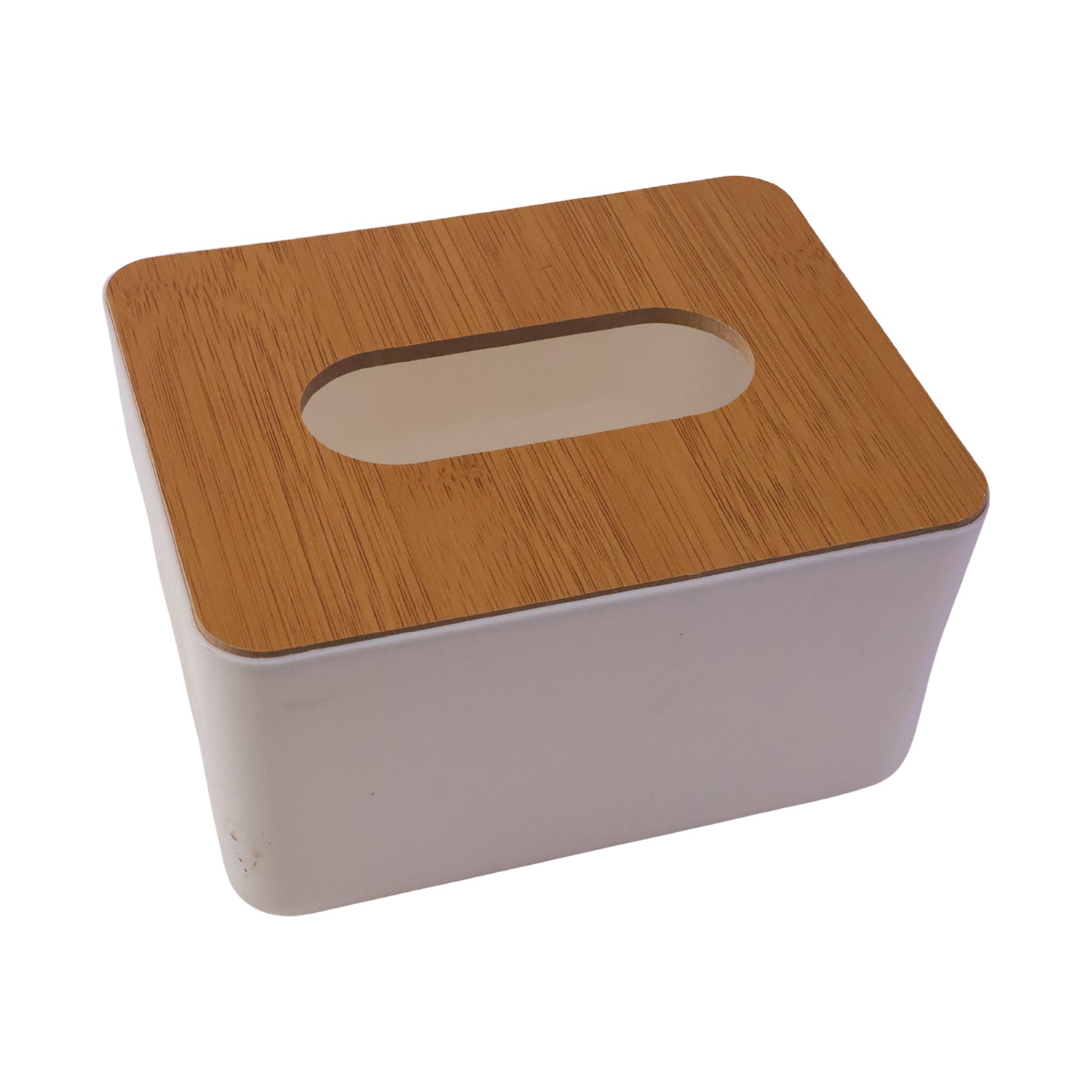 Side profile of the elegant bamboo tissue box holder.