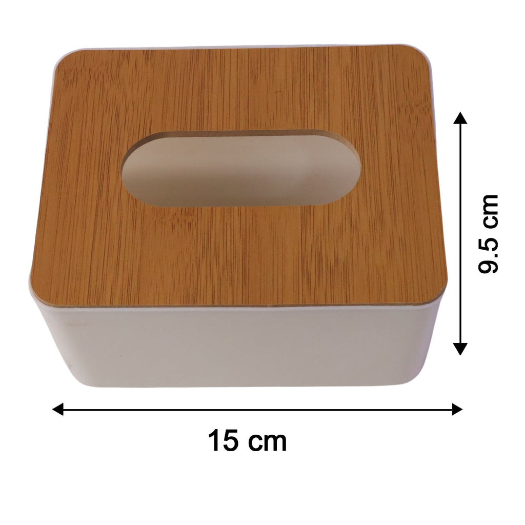 Bamboo tissue box holder with its precise dimensions clearly labeled.