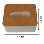 Bamboo tissue box holder with its precise dimensions clearly labeled.