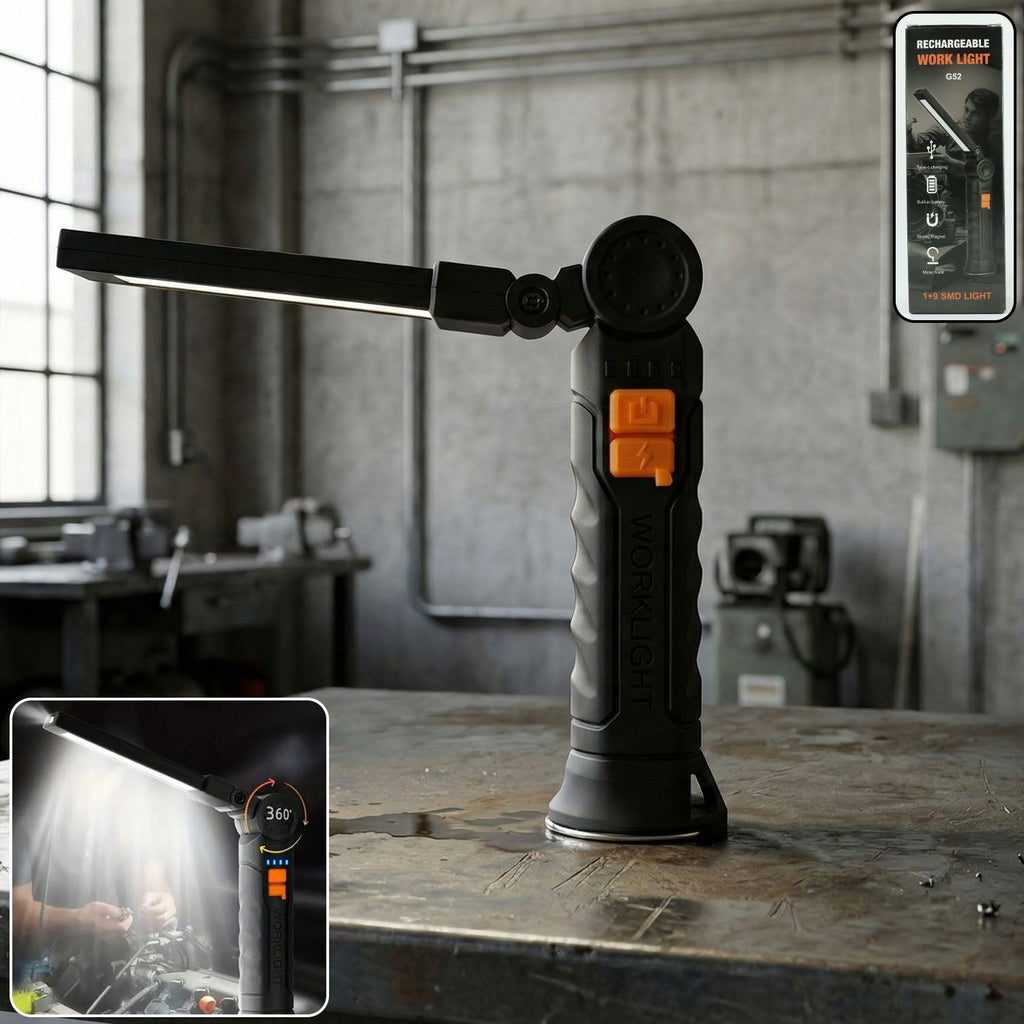 Rechargeable LED work light with adjustable head and magnetic base for hands-free use
