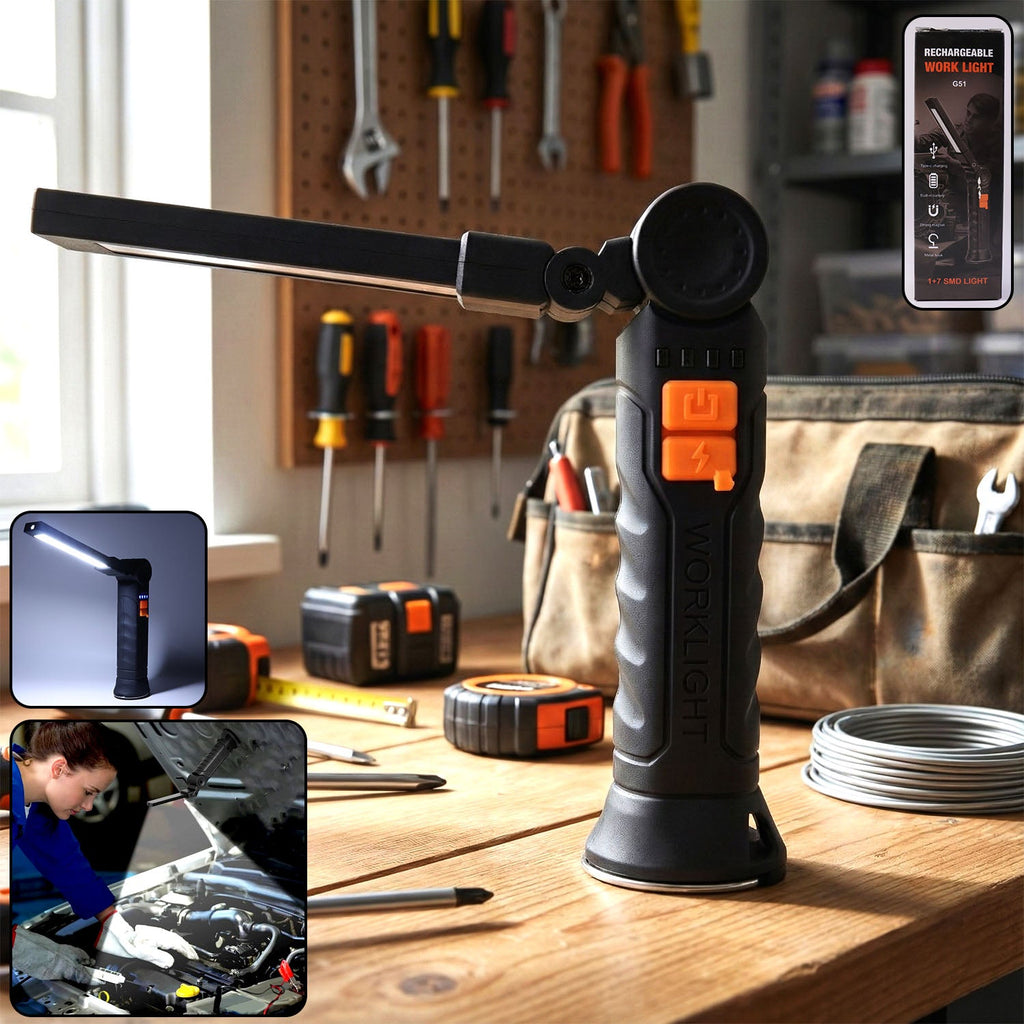 Focused beam from adjustable arm LED work light illuminating workspace