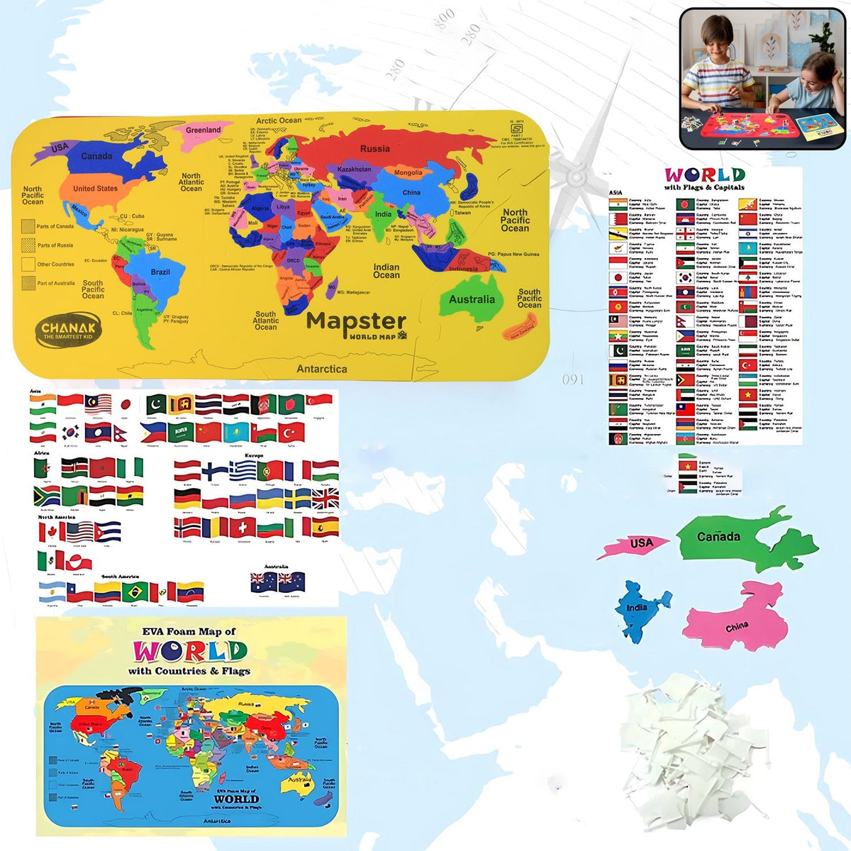 World Map Puzzle colorful EVA foam layout showing continents and countries