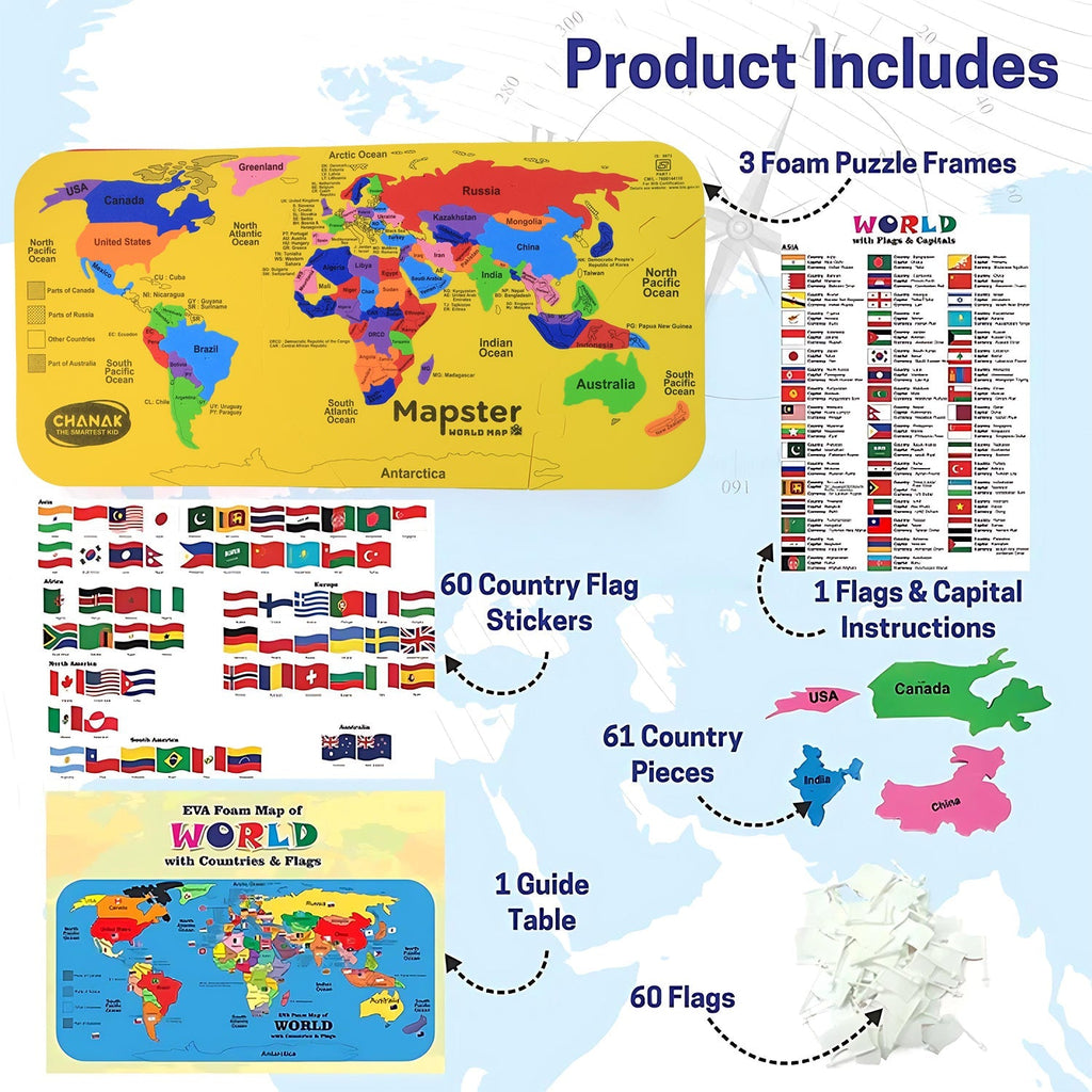 World Map Puzzle layout showing all continents in bright colors
