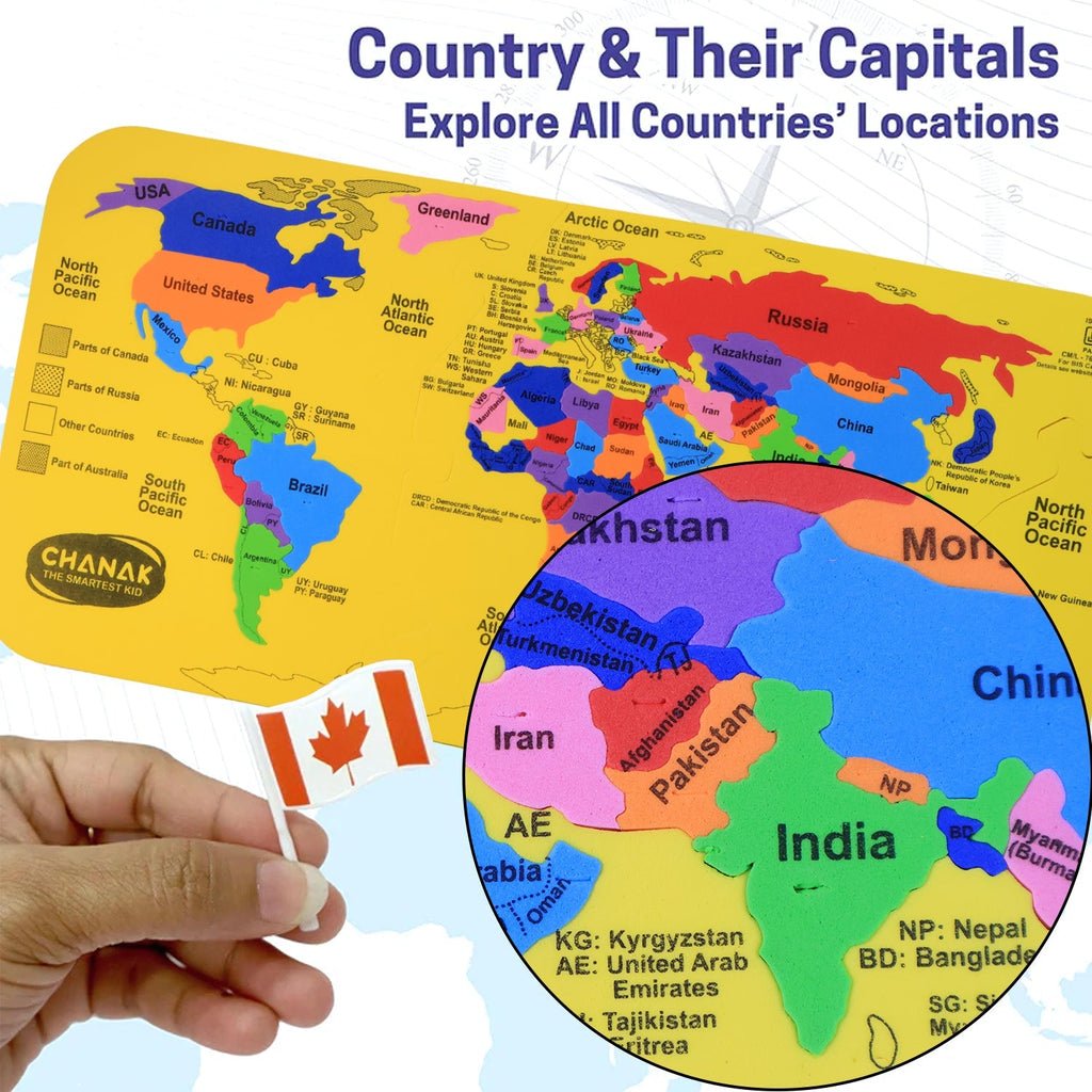 Completed Aditi World Map Puzzle demonstrating geographical regions
