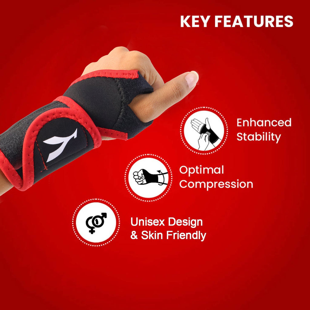 Close-up of wrist brace with adjustable strap and thumb loop