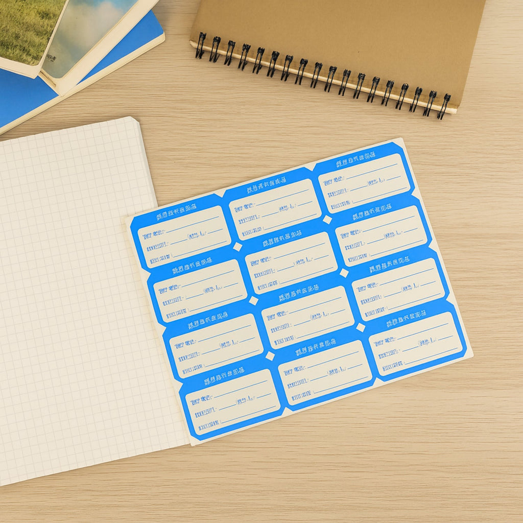 Blank writable shipping label sticker sheets displayed on multiple sheets