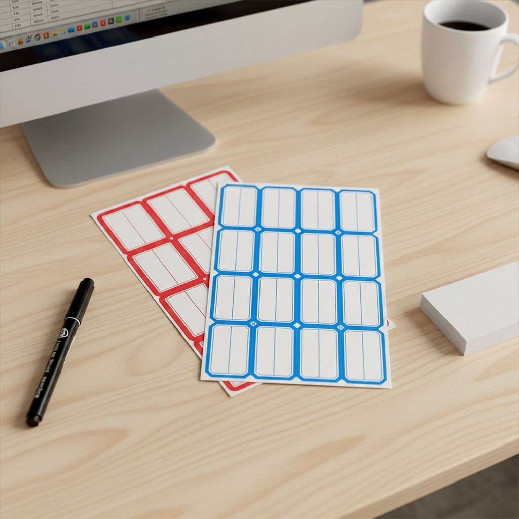 Organized office supplies with red and white shipping label stickers