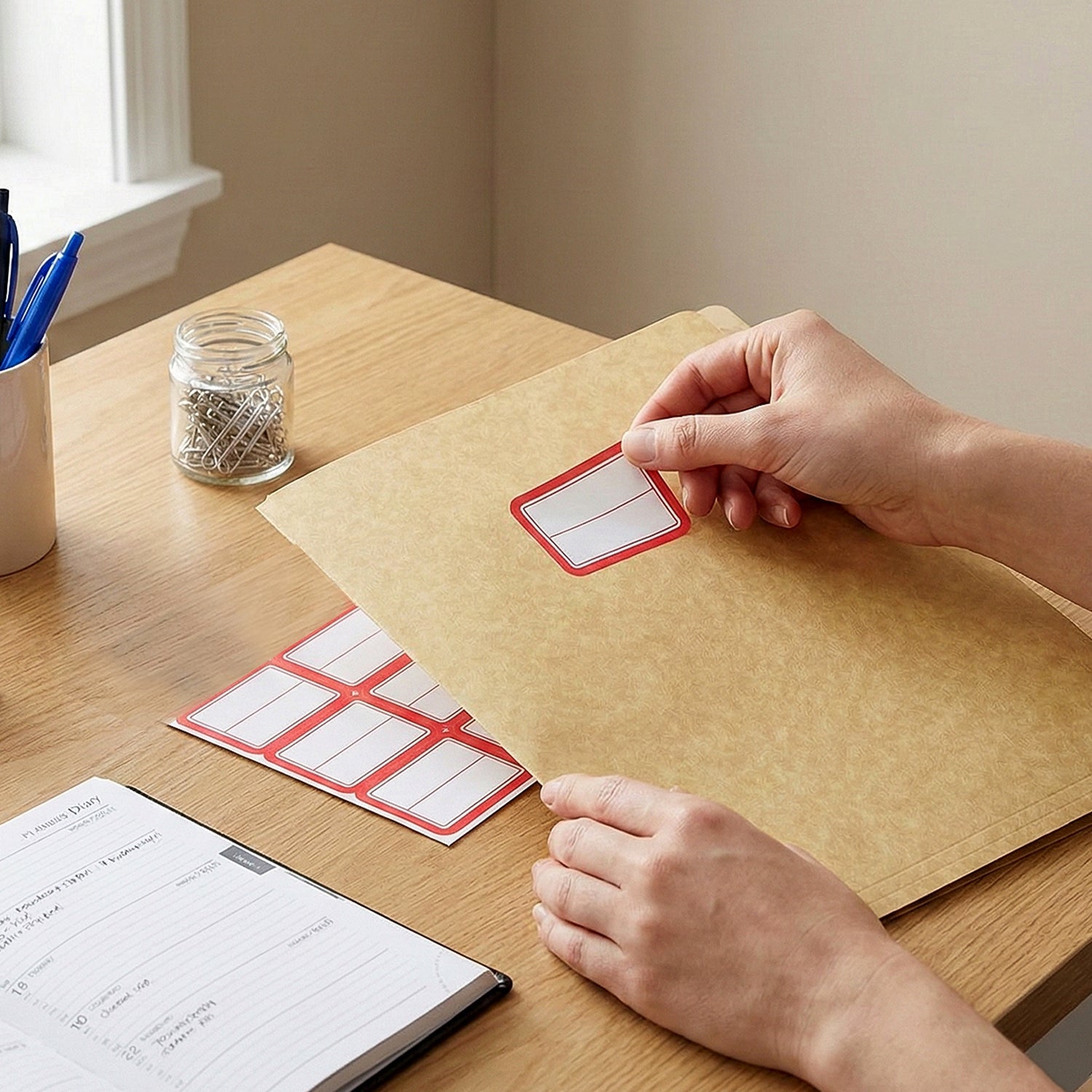 Writable label stickers applied on clear storage containers for pantry organization