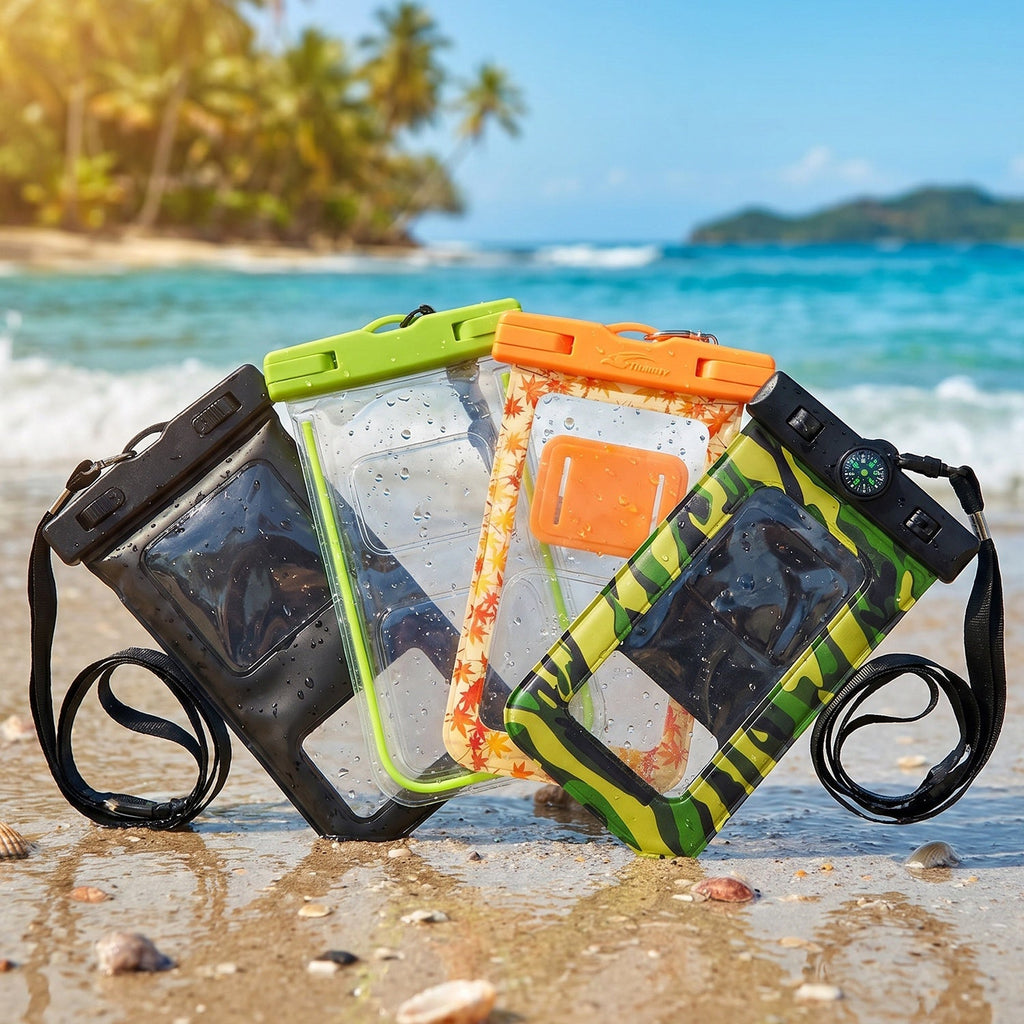 Lineup of waterproof mobile cases in various colors