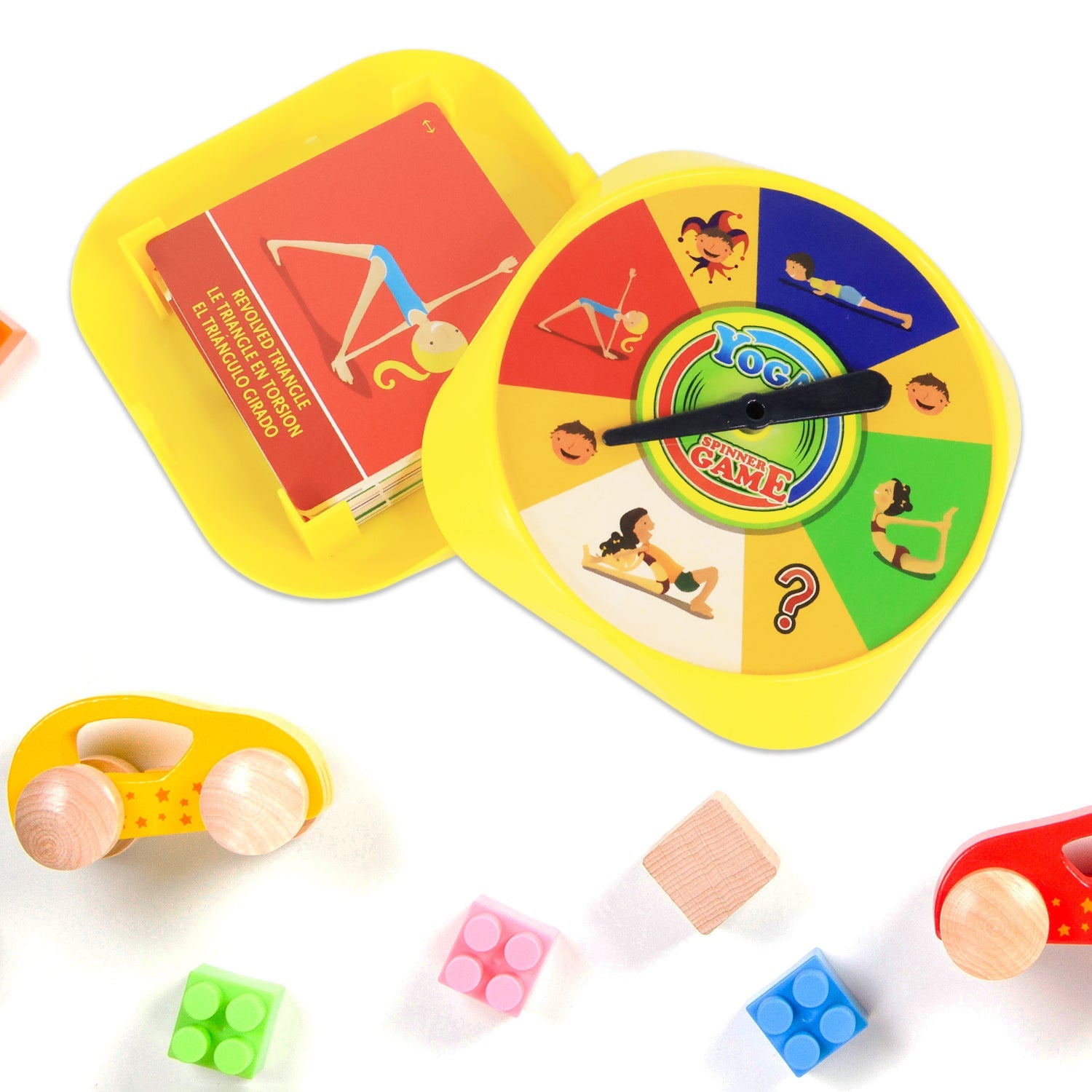 Yoga Spinner Game set showing interactive yoga poses for family fitness