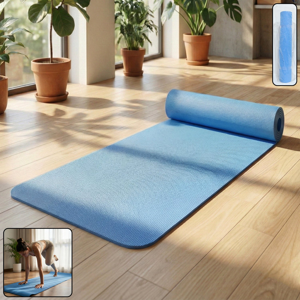 Premium non-slip yoga mat laid out for indoor fitness routine