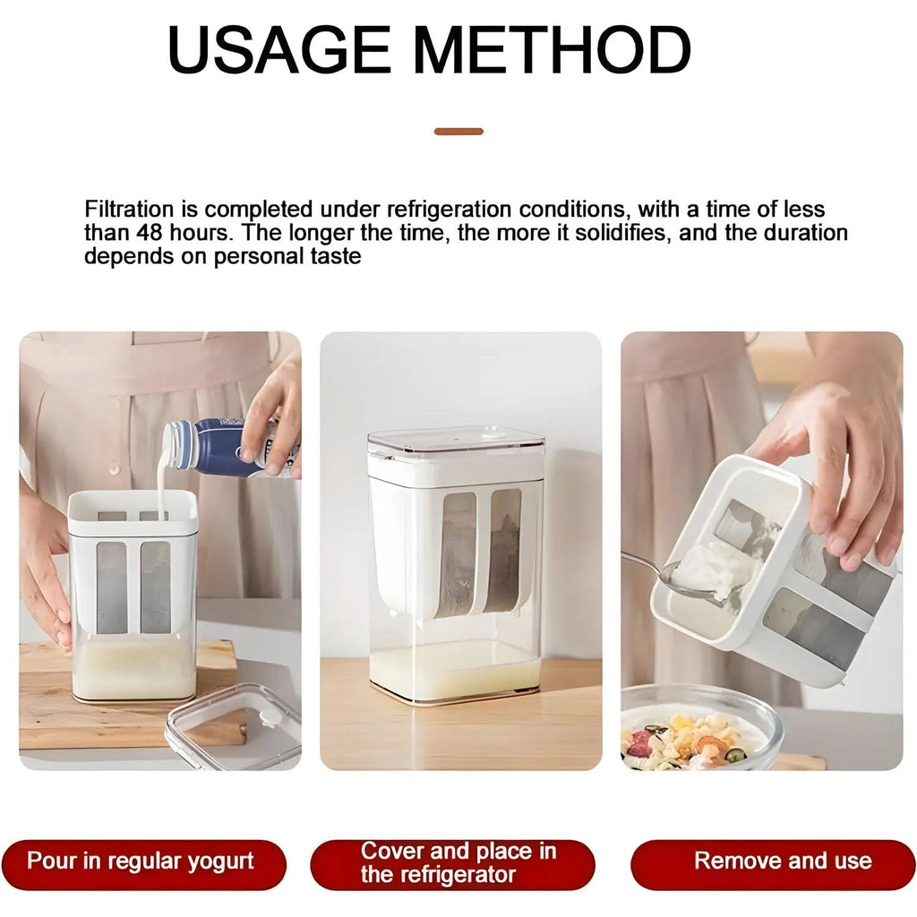 Detailed components of yogurt maker including lid, container, and strainer basket.
