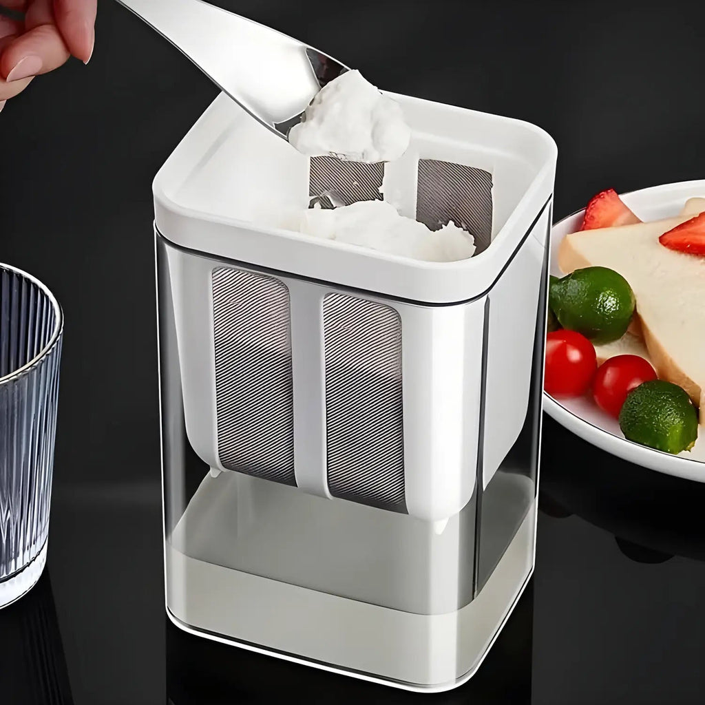 Yogurt maker filtering container showing whey separation for thick Greek yogurt.