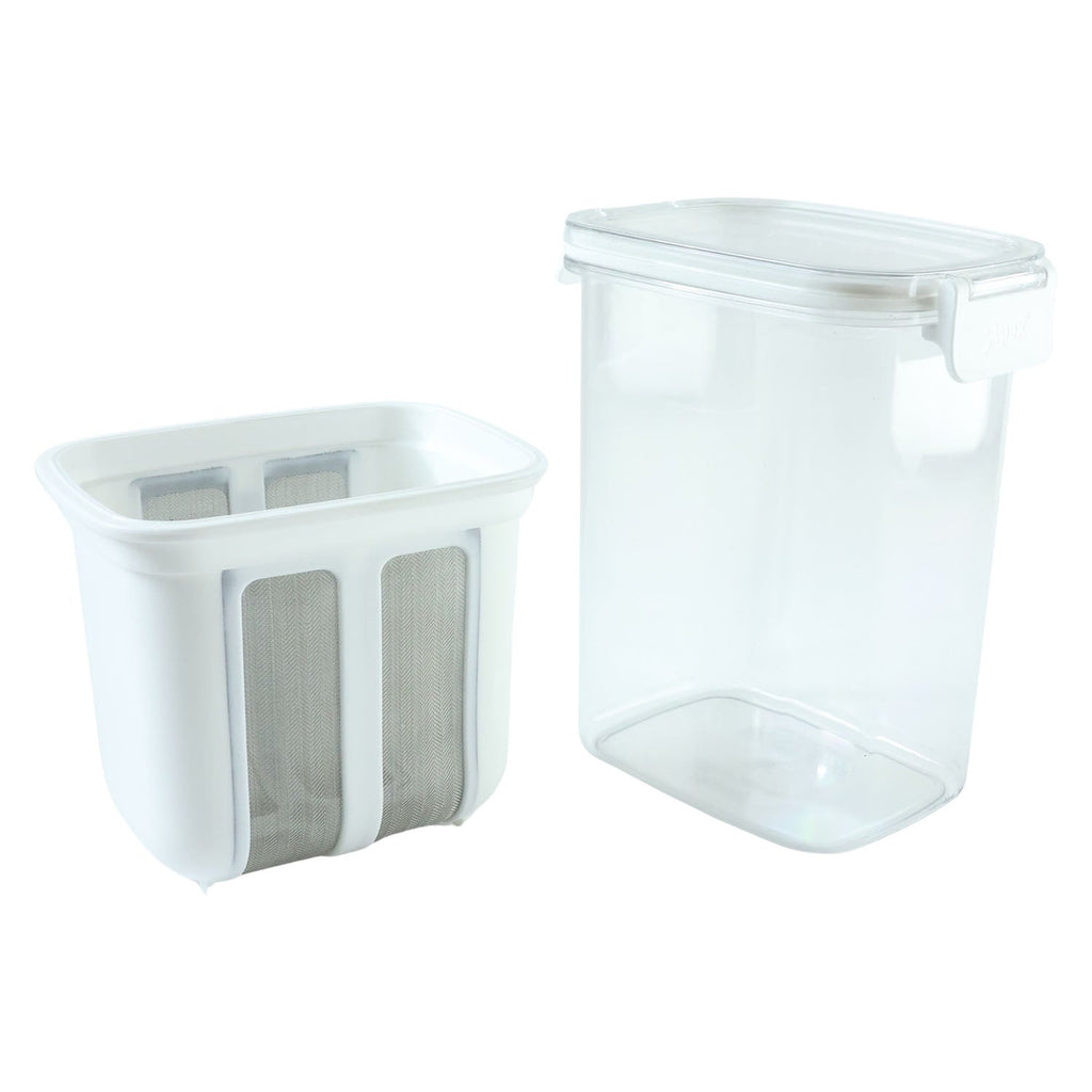 Fine mesh strainer basket designed for creamy homemade Greek yogurt preparation.