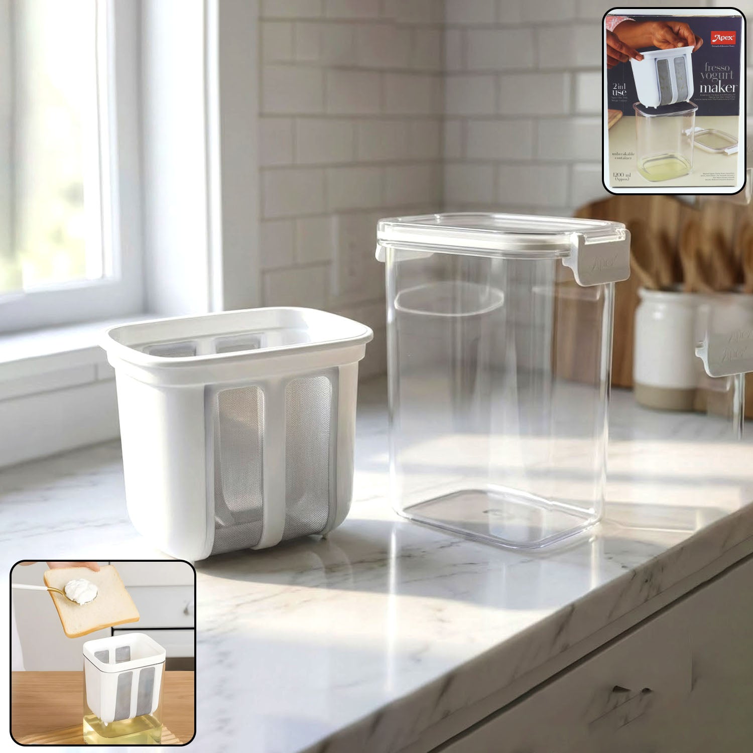Transparent 2-in-1 yogurt maker with strainer basket for homemade fresh curd and Greek yogurt.