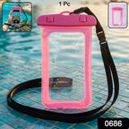 Pink waterproof mobile pouch showing SKU label and sealed closure
