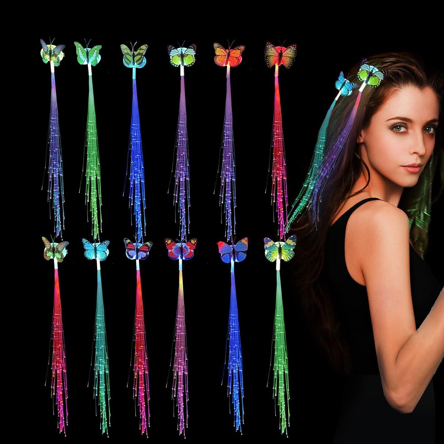 Twinkling LED butterfly hair braid clip glowing at night