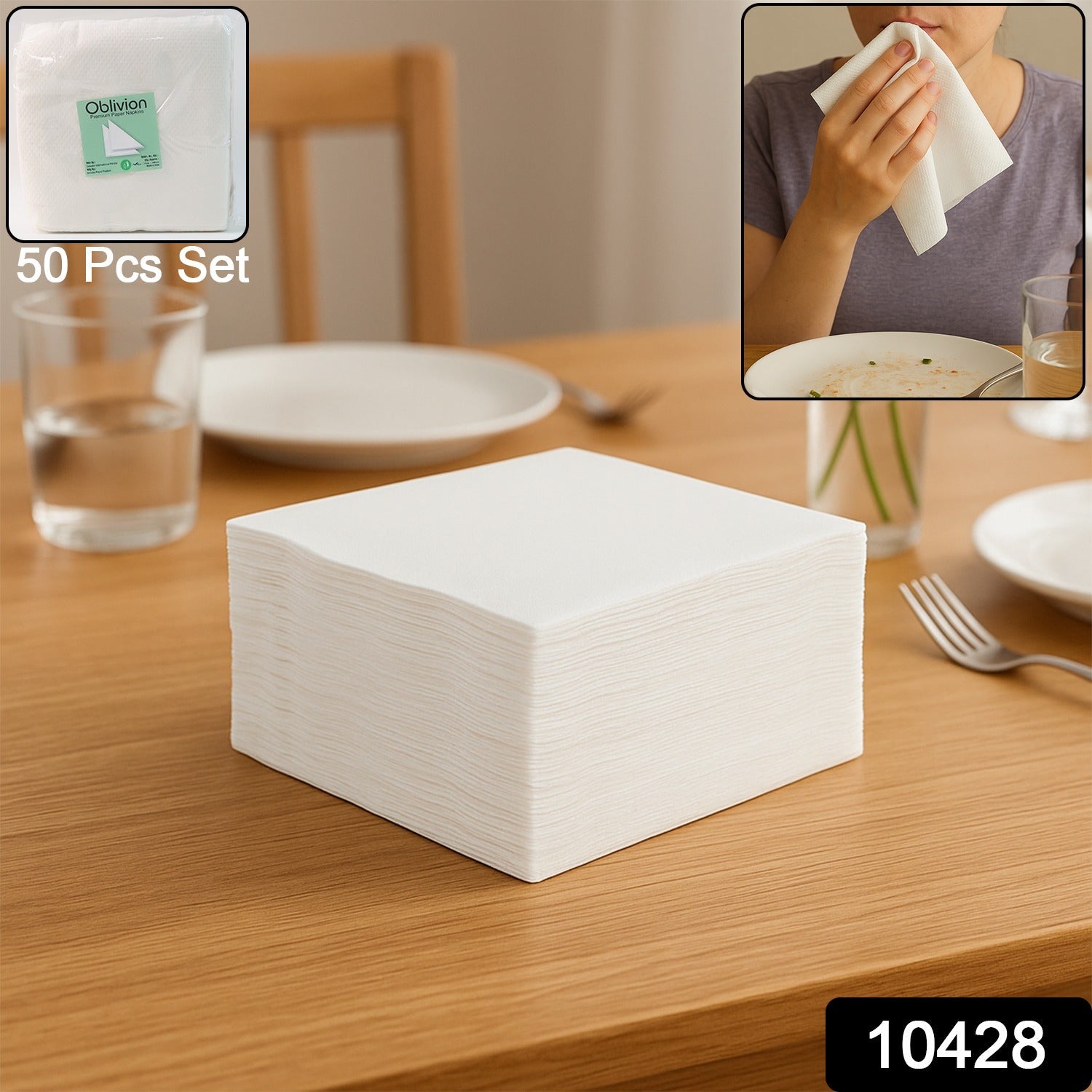 Ultra absorbent white paper napkins for wiping spills and hands.