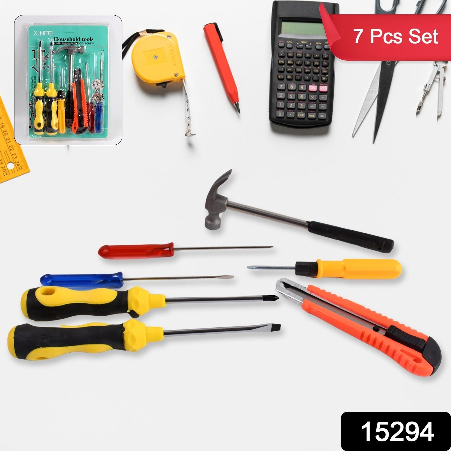 Layout of tools from the durable 7-piece hand tool kit set