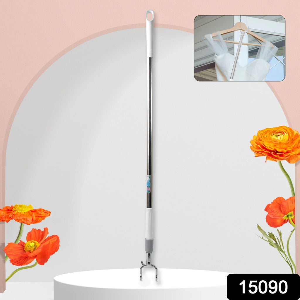 Woman effortlessly using the adjustable wardrobe reach pole to hang clothes.