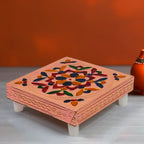 Handcrafted Meenakari Puja Chowki set, front view, showcasing vibrant multicolor details.