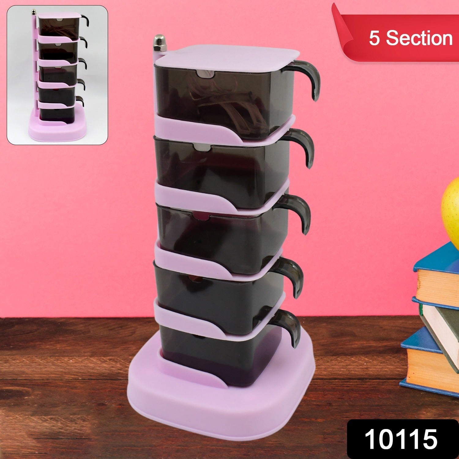 Space-saving rotating spice organizer with five transparent jars in a modern kitchen setting.