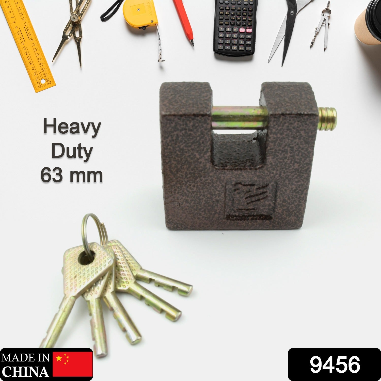 Close-up of the robust brass core visible within the black iron padlock.