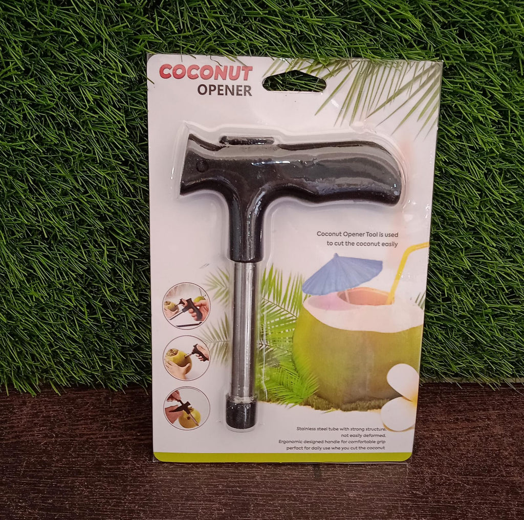 Coconut opener tool designed for efficient drilling into coconuts.