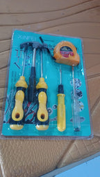 Close-up of hand tool kit components for household repairs