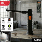 Angled view of rechargeable LED work light with 360 degree rotating head