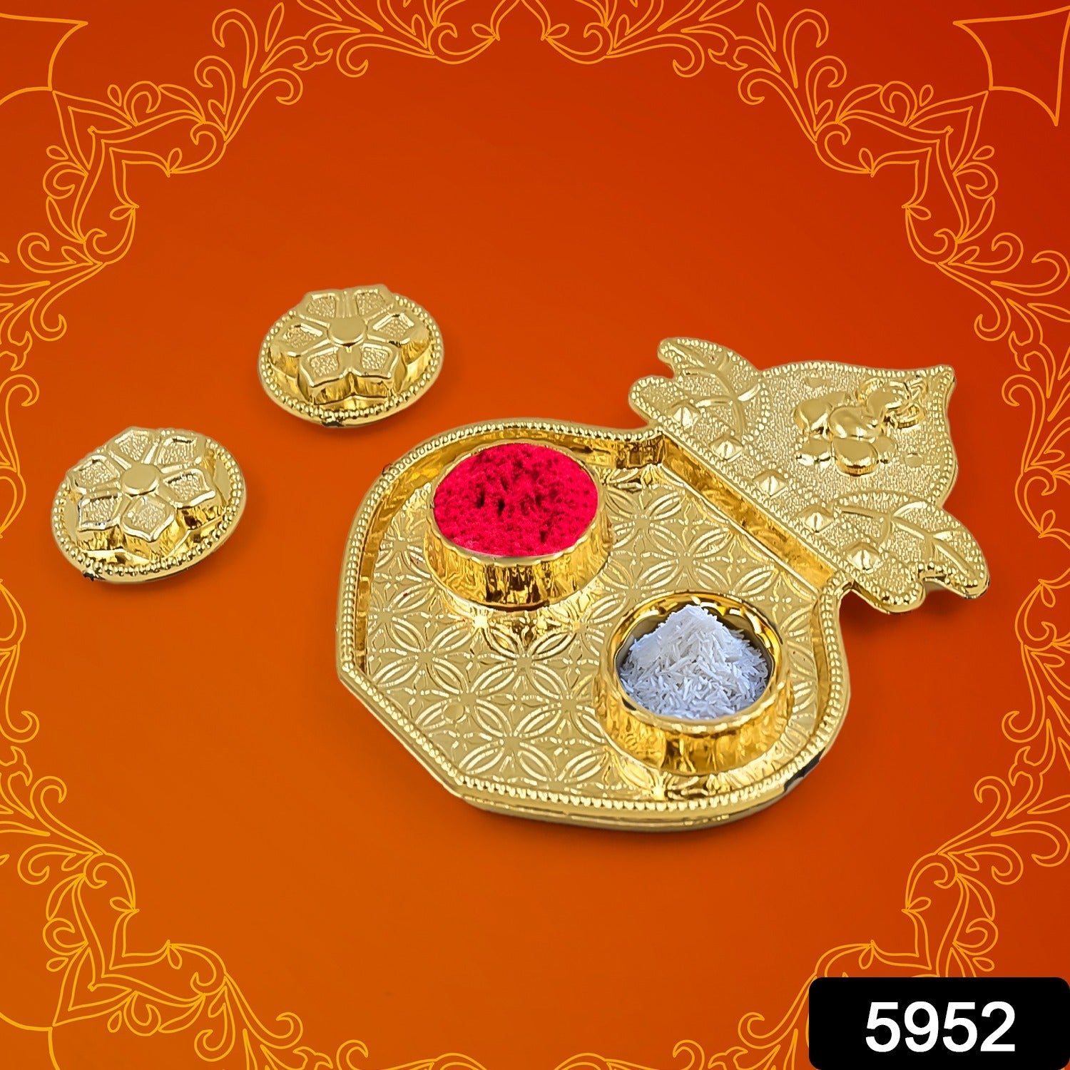 Top-down view of a festive Raksha Bandhan Puja Thali with intricate design.