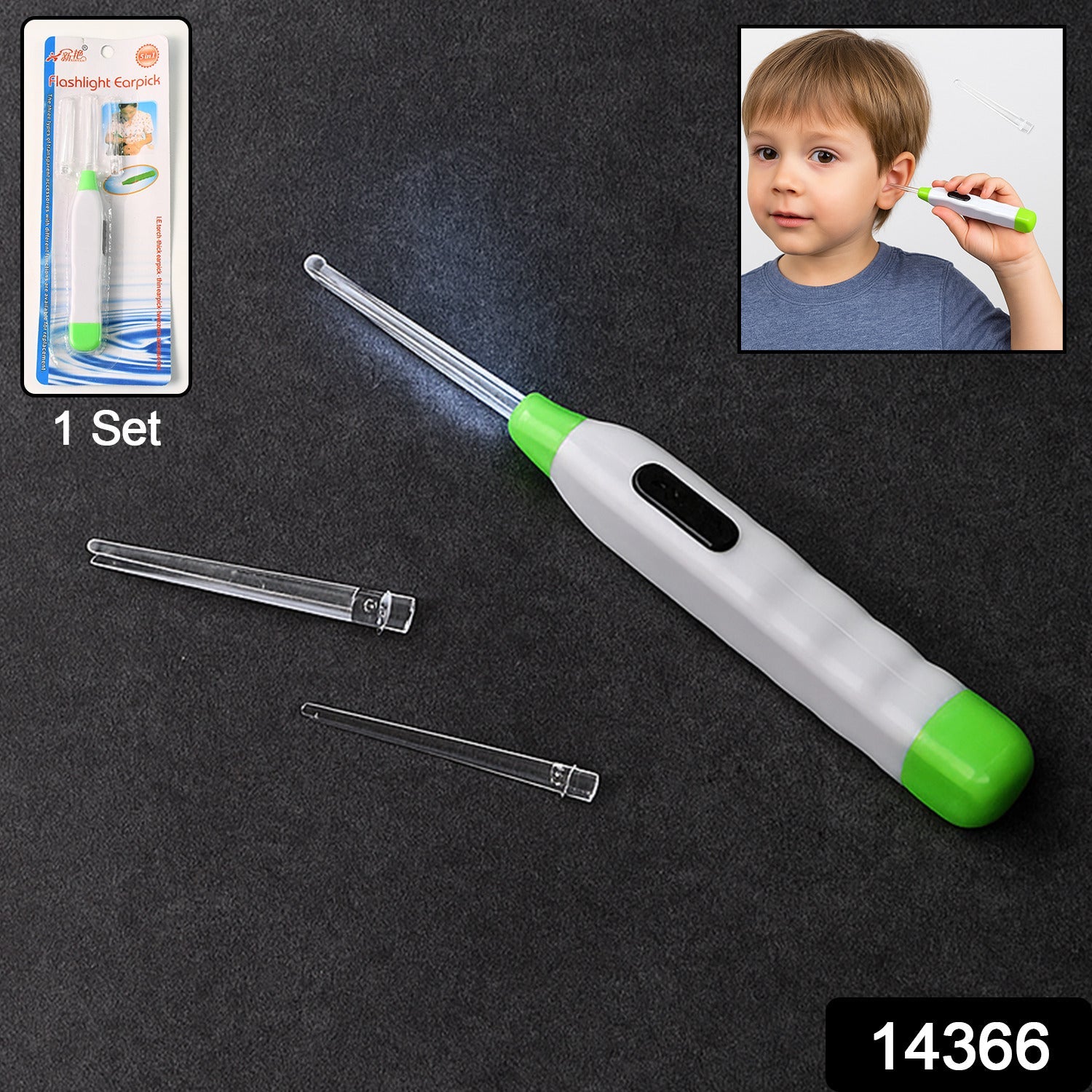 Close-up of LED flashlight earpick tool illuminating ear canal