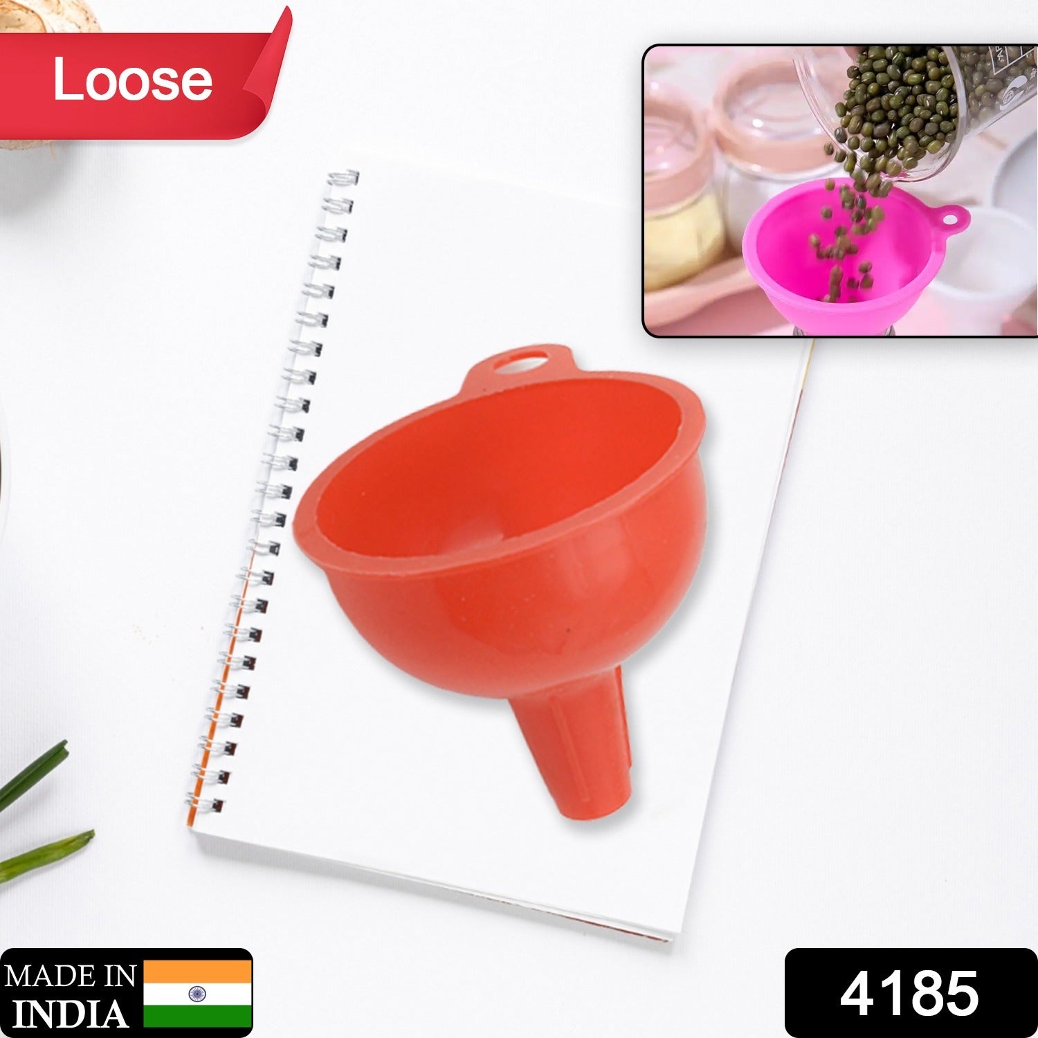 Flexible silicone funnel with a wide opening for mess-free pouring.