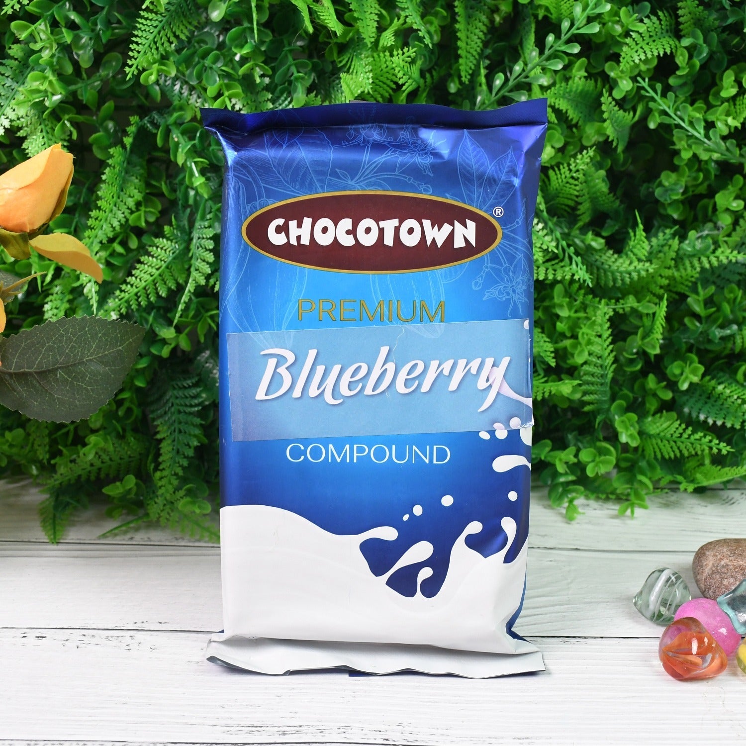 Vibrant blueberry compound chocolate slab, perfect for desserts