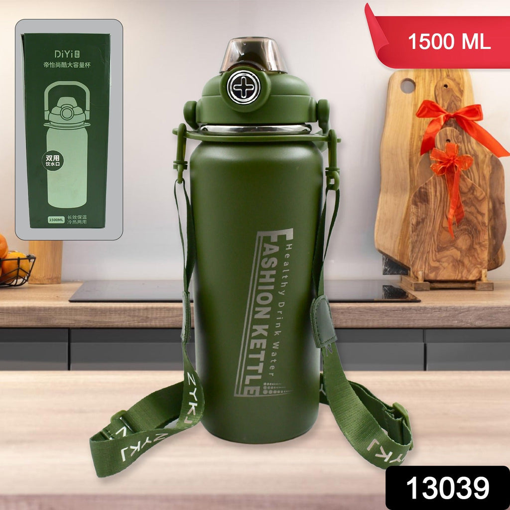 Close-up view of the 1.5L stainless steel insulated water bottle with its integrated straw.