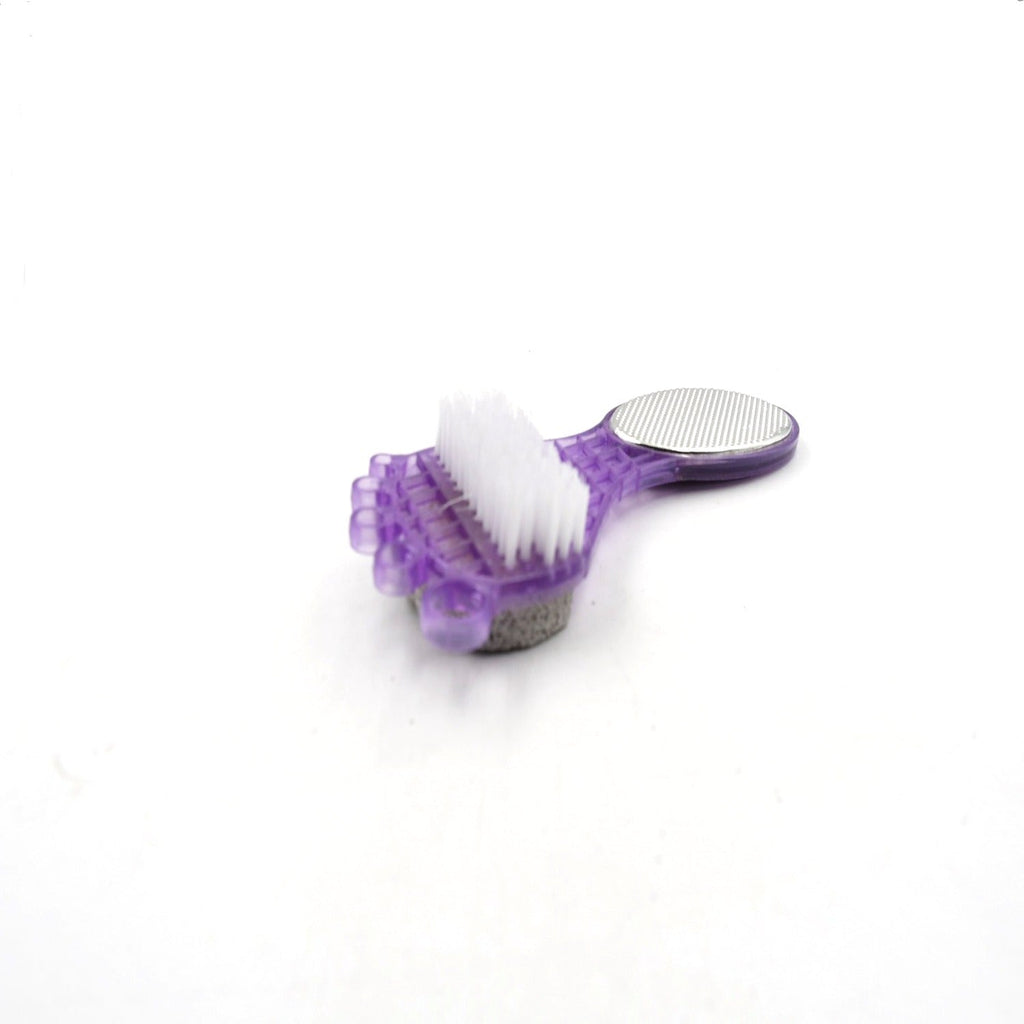 VelvaBloom 4-in-1 Pedicure Tool featuring pumice stone, soft brush, and steel scrubber.